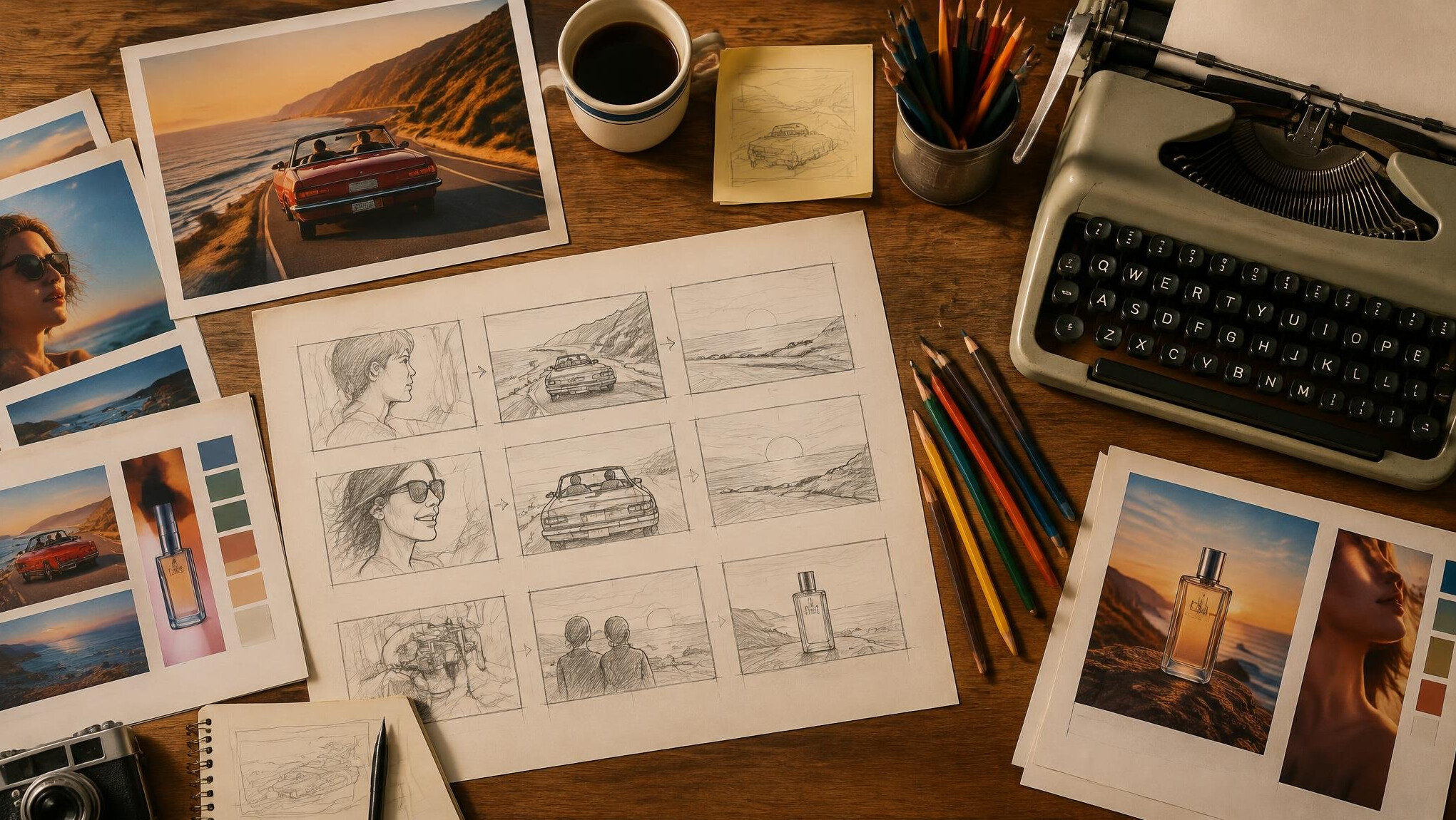 Vintage advertising agency desk with storyboard sketches and a typewriter