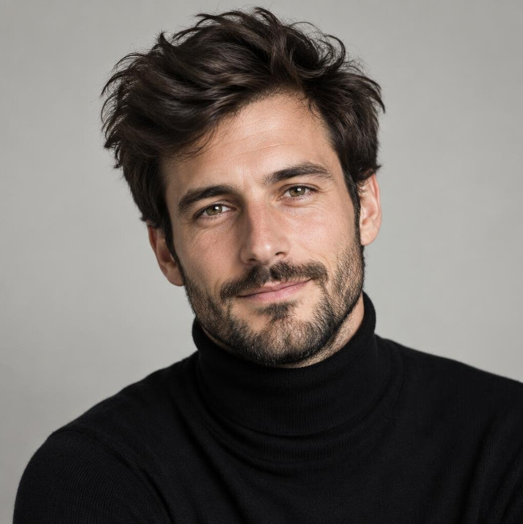 Studio portrait of a young European graphic designer with a beard