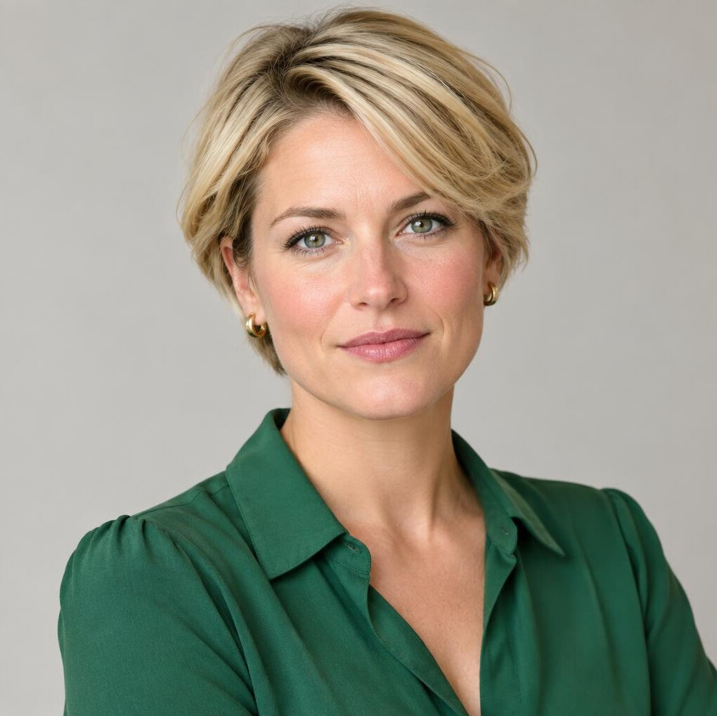 Studio portrait of a French woman in her thirties, television production specialist