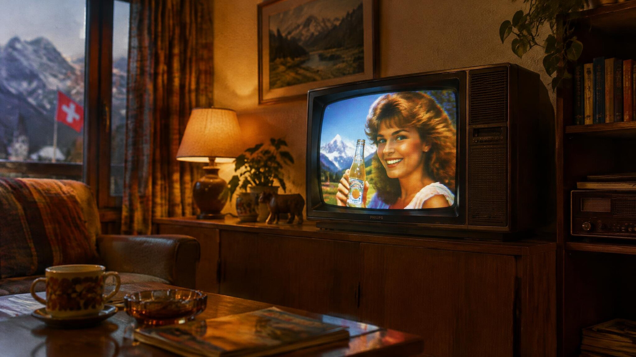 Old television broadcasting a vintage advertisement in a 1980s living room